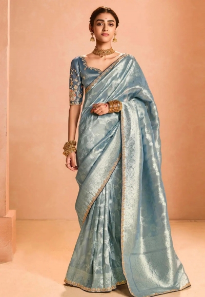Sky blue tissue silk saree with blouse 409