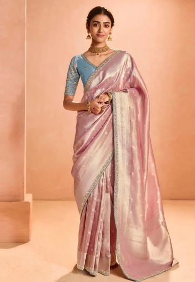 Pink tissue silk saree with blouse 411