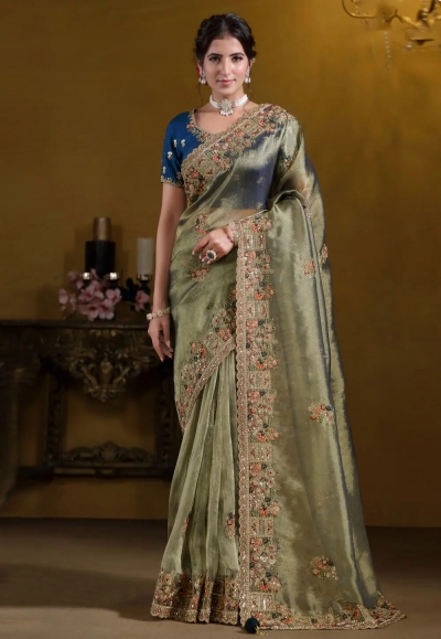 Pista green georgette saree with blouse 25005