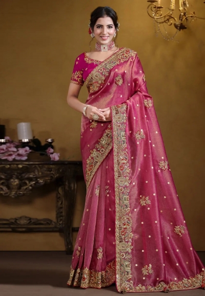 Pink organza saree with blouse 25007