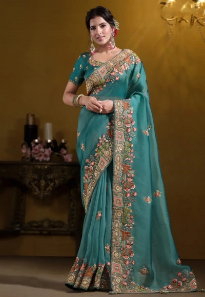 Teal tissue saree with blouse 25008