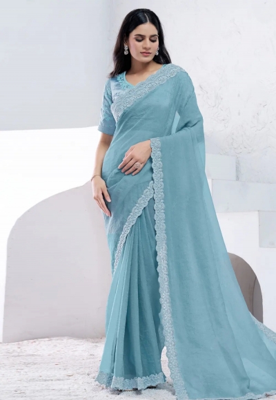 Sky blue silk saree with blouse 44008
