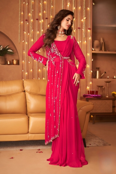 Pink handwork drape saree with blouse for wedding 12816