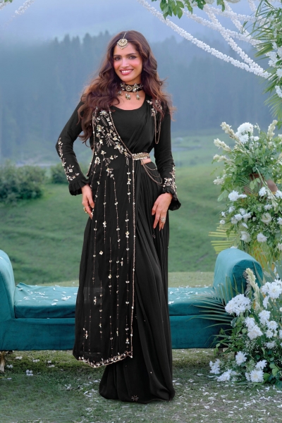 Black handwork drape saree with blouse for wedding 12816