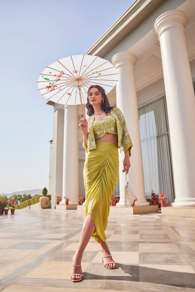 Green crop top jacket and skirt set with handwork embroidery for wedding 3106