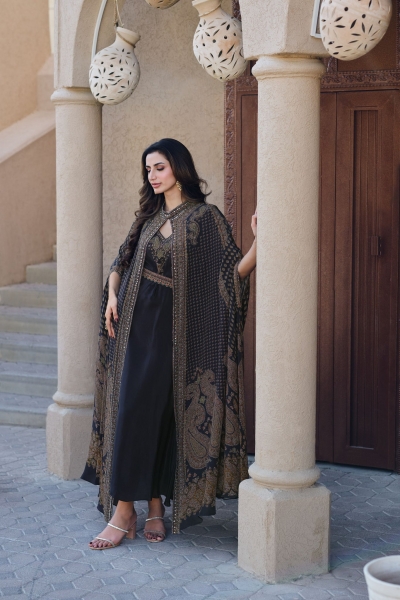 Indian wedding dress in Black gown jacket with embroidery FD2697