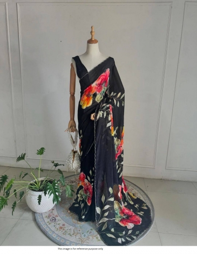 Bollywood Model Organza hand work floral party wear saree in black color