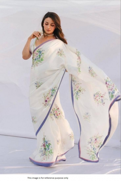 Bollywood Alia bhat inspired digital print satin saree in white