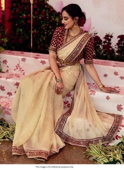 Bollywood model Beige and maroon banarasi crush embroidered wedding saree
