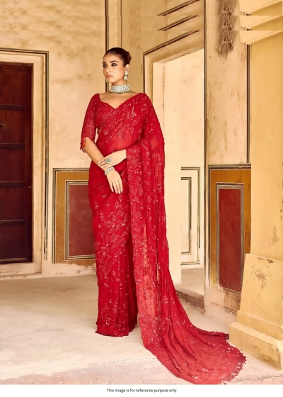 Bollywood model red georgette sequins party wear saree