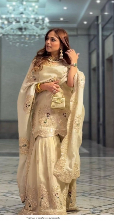 Bollywood Model Chinon silk embroidered shararaset in Ivory color