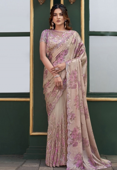 Beige velvet sequence saree ACZ5111