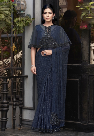 Navy blue net designer saree ACZ5110