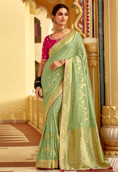 Pista green silk saree with blouse 1511