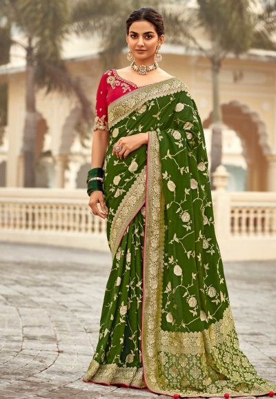 Mehndi silk saree with blouse 1504
