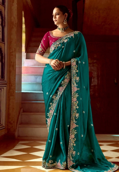Teal tissue saree with blouse 5401