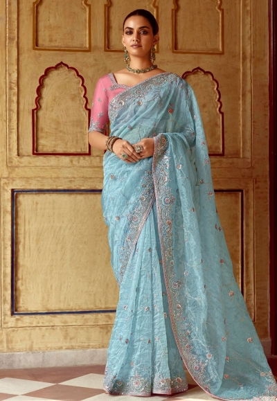 Sky blue tissue saree with blouse 5403