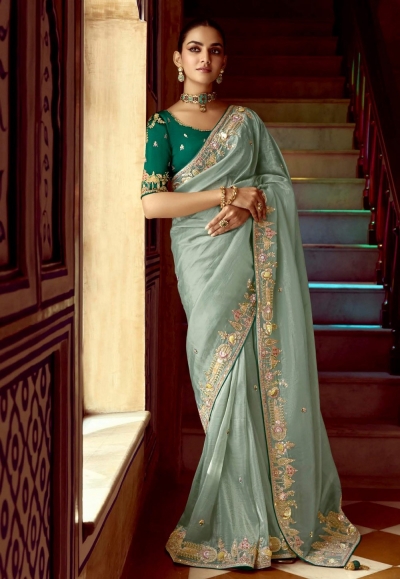 Sea green tissue saree with blouse 5406