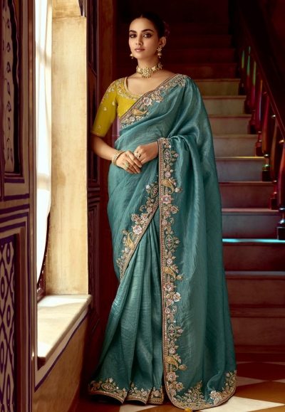 Sea green tissue saree with blouse 5410