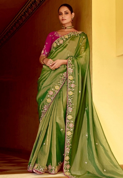 Pista green tissue saree with blouse 5411