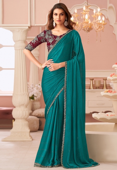 Sea green satin saree with blouse 8014