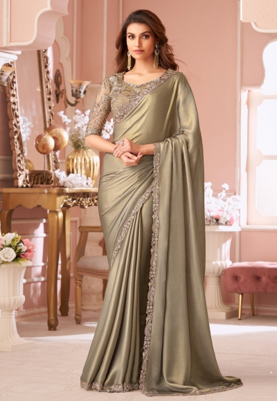 Beige chiffon shimmer saree with blouse 8008