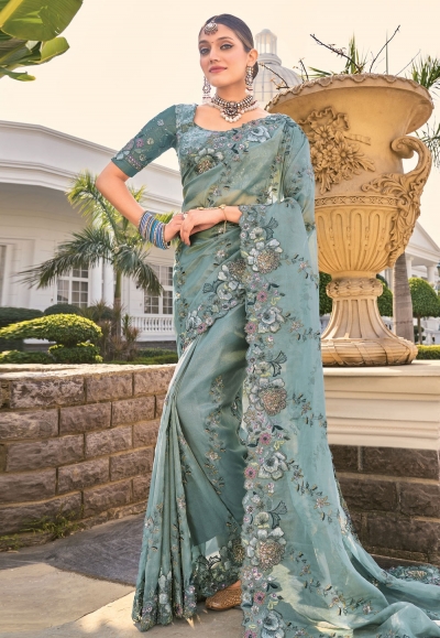 Grey organza saree with blouse 7803