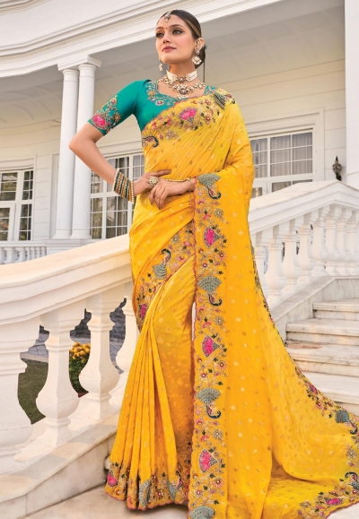 Yellow crepe saree with blouse 7809