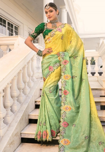 Pista green crepe jacquard half n half saree 7806