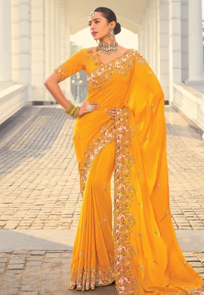 Yellow crepe saree with blouse 7802
