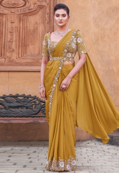Mustard crepe saree with blouse 25310
