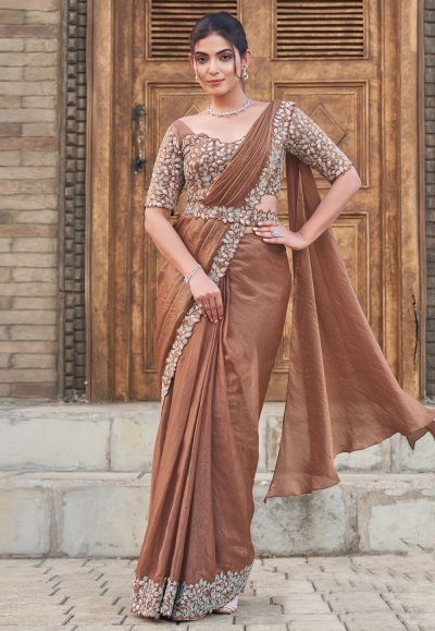 Brown satin silk saree with blouse 25312