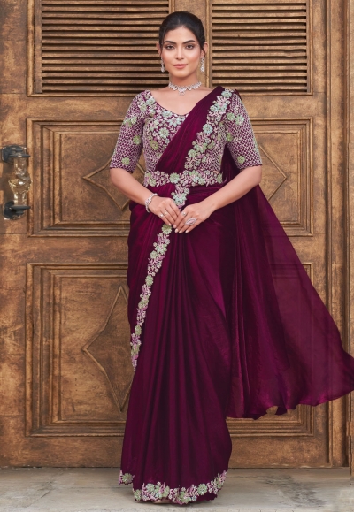 Wine satin silk saree with blouse 25314