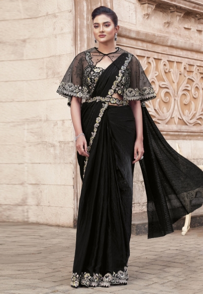 Black satin silk designer saree 25318