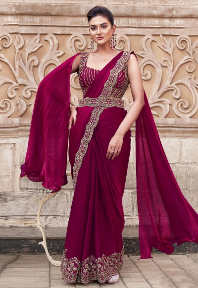 Magenta satin silk plain saree with designer blouse 25308