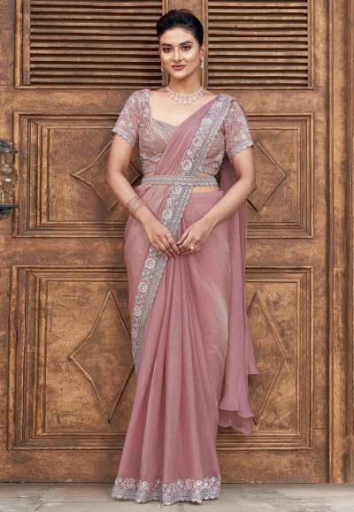 Peach satin silk saree with blouse 25317