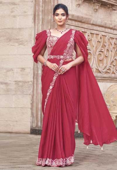 Magenta satin silk plain saree with designer blouse 25313