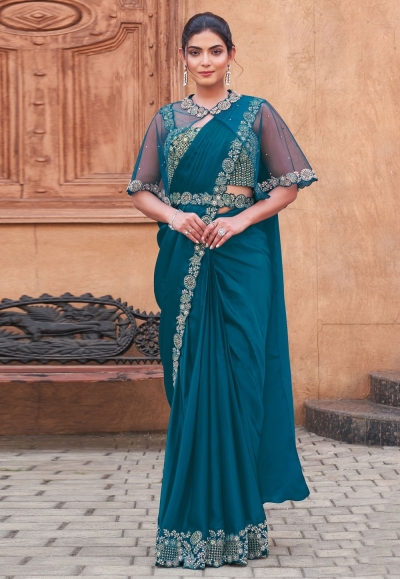 Teal crepe designer saree 25311