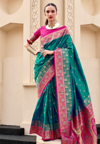 Sea green banarasi silk saree with blouse 860008