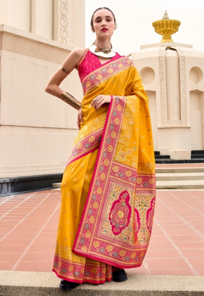 Yellow banarasi silk saree with blouse 860002