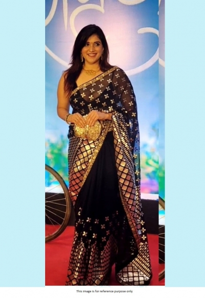 Bollywood model blooming rangoli silk foil work black party wear saree