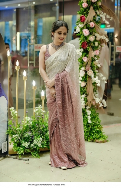 Bollywood model offwhite pink shaded sequins georgette party saree