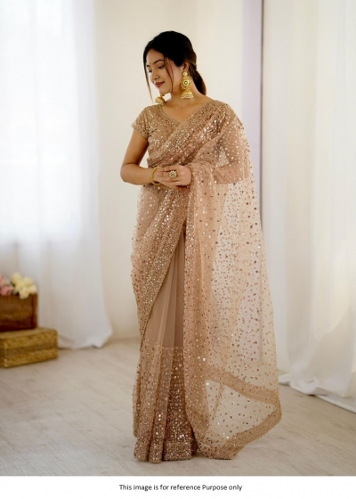 Bollywood model Beige and gold dori sequins net party wear saree