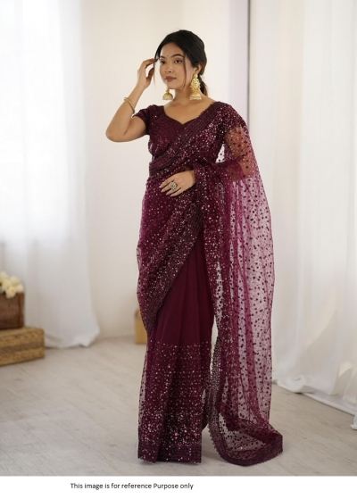 Bollywood model Wine dori sequins net party wear saree
