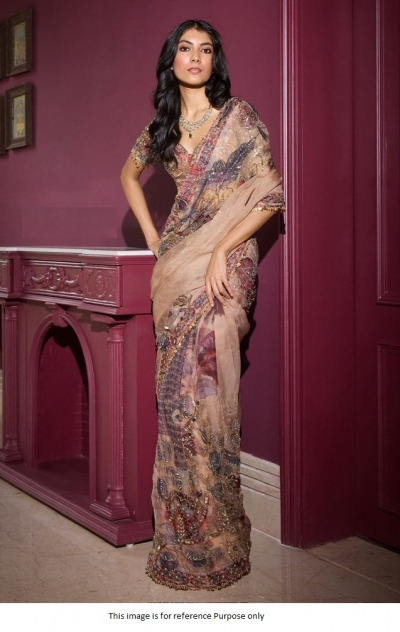 Bollywood model Peach handwork and digital print georgette saree