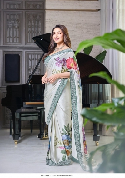 Bollywood Madhuri dixit inspired white satin silk digital print saree