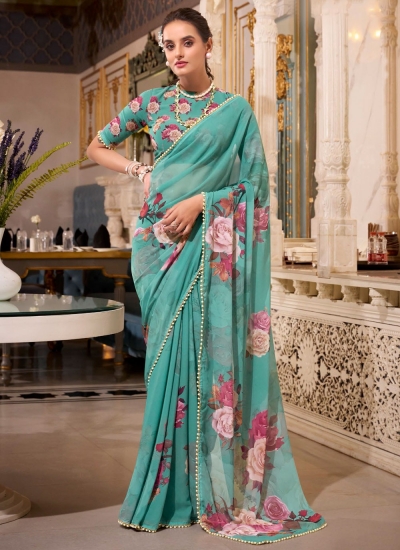 Rama color georgette floral print with peal border designer wear saree 7007