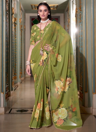 Fresh green color georgette floral print with peal border designer wear saree 7007
