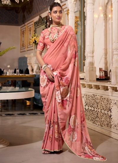 Salmon color georgette floral print with peal border designer wear saree 7007