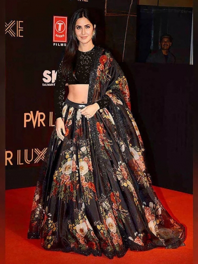 Bollywood sabyasachi inspired Katrina Kaif black floral organza wedding lehenga